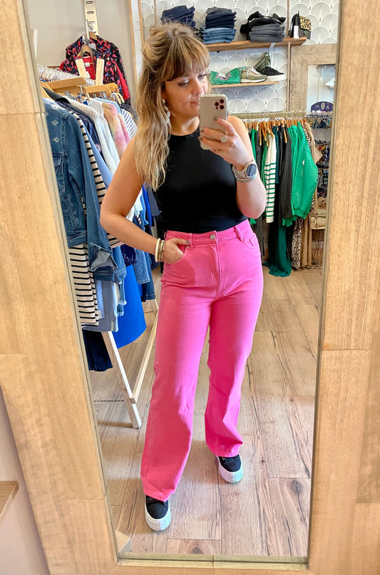 Pantalon jeans rose coupe évasée large Printemps été 2023 Mode femme ma petite boutique 50 portbail