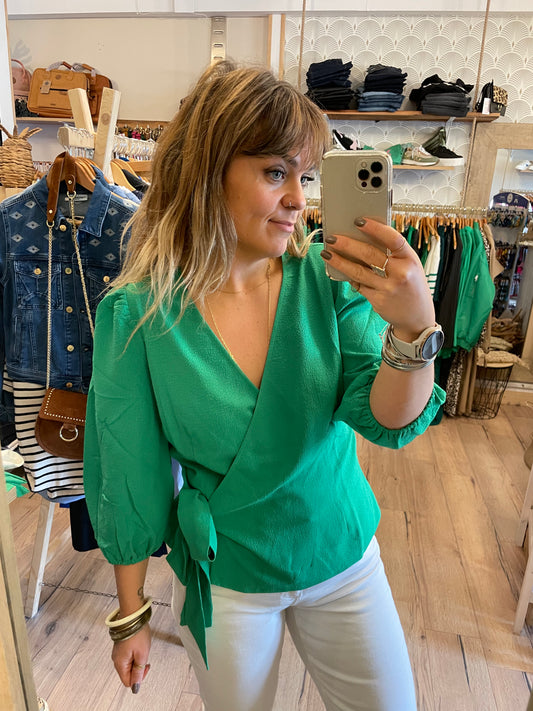 Blouse mode femme cache coeur avec noeud verte